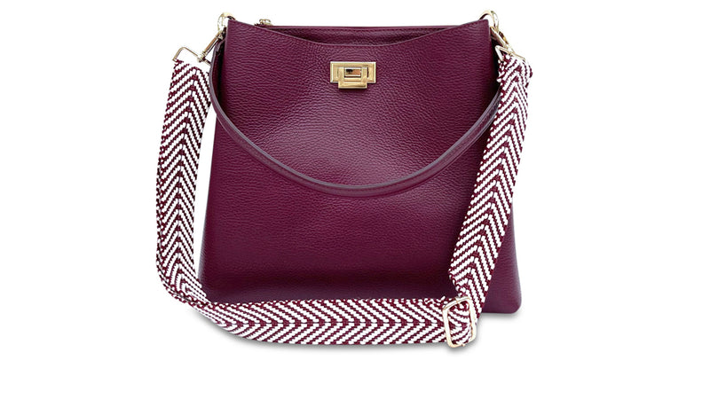 apatchy plum red maroon burgundy leather tote bucket shoulder bag for women with plum chevron strap