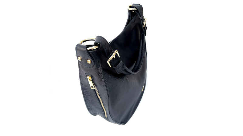The Harriet Black Leather Bag With Navy Leopard Strap