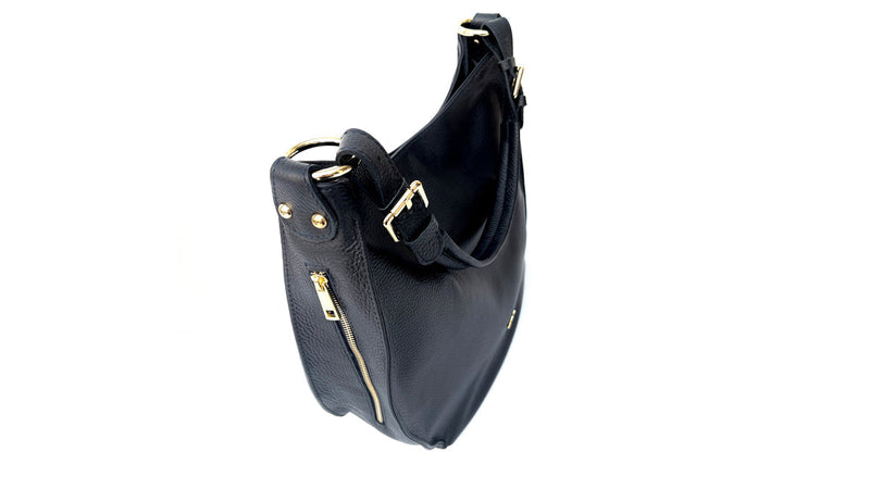 The Harriet Black Leather Bag With Black & Gold Chevron Strap