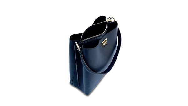 Navy Leather Tote Bag With Orange Camo Strap
