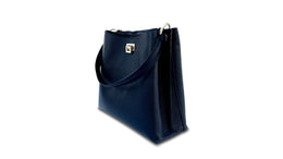 Navy Leather Tote Bag With Denim Blue Chevron Strap
