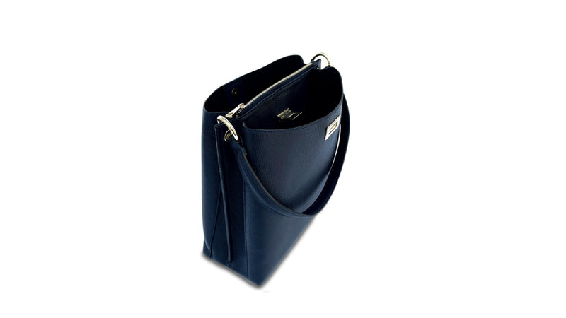 Navy Leather Tote Bag With Orange Camo Strap