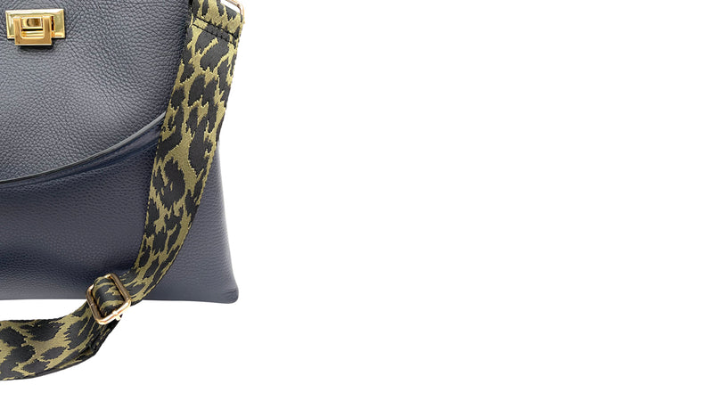 Navy Leather Tote Bag With Olive Green Cheetah Strap