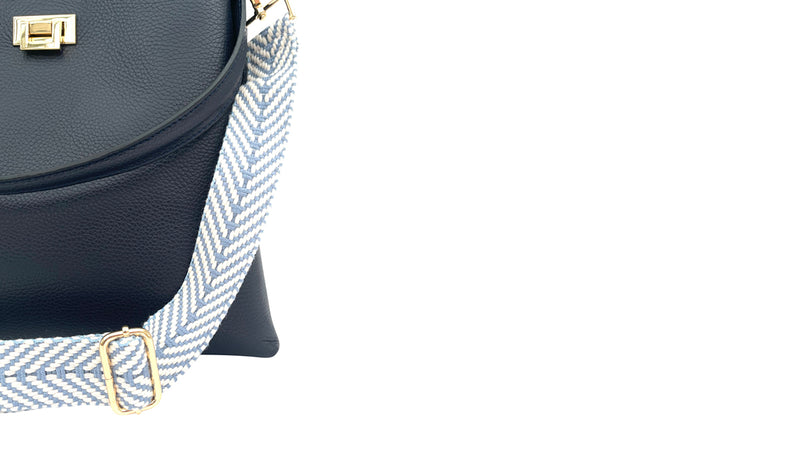 Navy Leather Tote Bag With Denim Blue Chevron Strap
