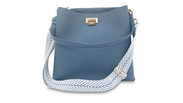 apatchy denim blue leather tote bucket shoulder bag for women with denim blue chevron strap