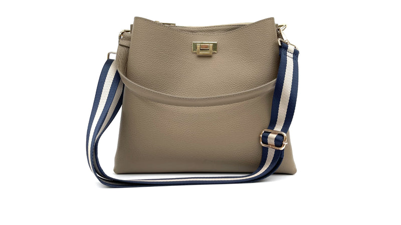 apatchy taupe beige cream ivory brown leather tote bucket shoulder bag for women with navy blue and gold stripe strap