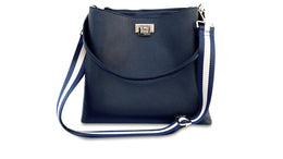 apatchy navy blue leather tote bucket shoulder bag for women with navy and gold stripe strap