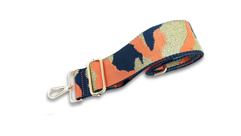 Navy Leather Tote Bag With Orange Camo Strap