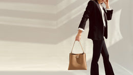 Taupe Leather Tote Bag With Navy & Gold Stripe Strap