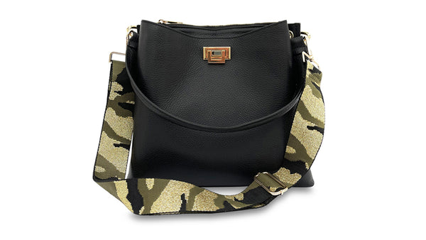 apatchy black leather tote bucket shoulder bag for women with green and gold camo strap