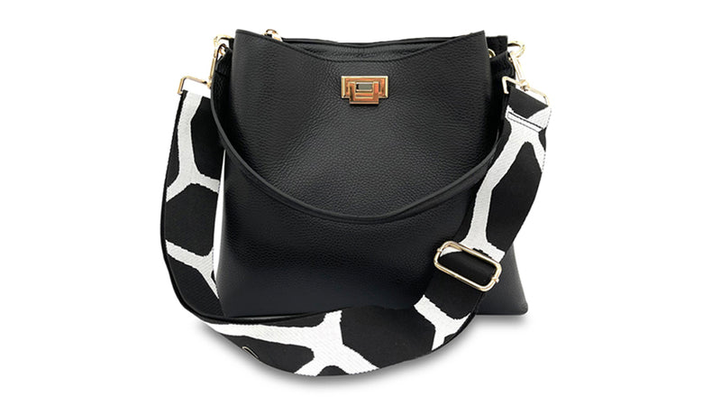 apatchy black leather tote bucket shoulder bag for women with black and white giraffe strap