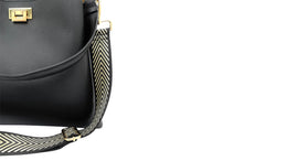 Black Leather Tote Bag With Black & Gold Chevron Strap