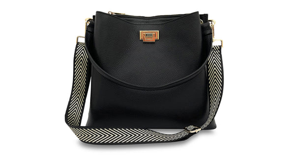 apatchy black leather tote bucket shoulder bag for women with black and gold chevron strap