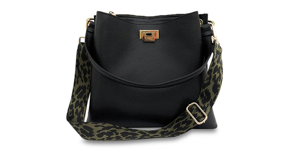apatchy black leather tote bucket shoulder bag for women with olive green cheetah strap