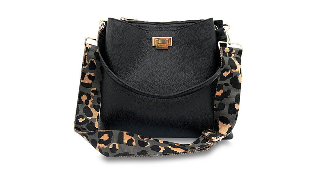 Black Leather Crossbody Bag With Grey Leopard Strap – Apatchy London