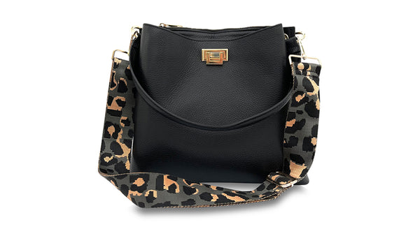 apatchy black leather tote bucket shoulder bag for women with grey leopard strap