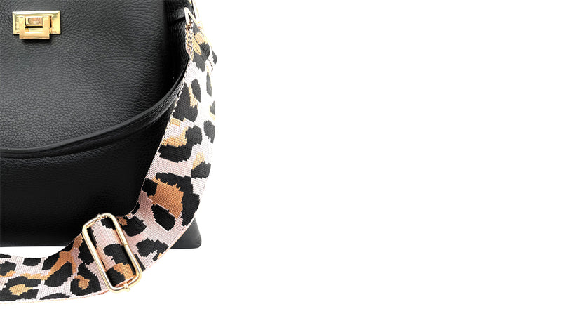 Black Leather Tote Bag With Pale Pink Leopard Strap