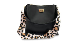 apatchy black leather tote bucket shoulder bag for women with pale pink leopard strap