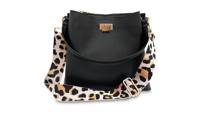 apatchy black leather tote bucket shoulder bag for women with pale pink leopard strap