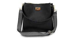 apatchy black leather tote bucket shoulder bag for women with black and silver chevron strap