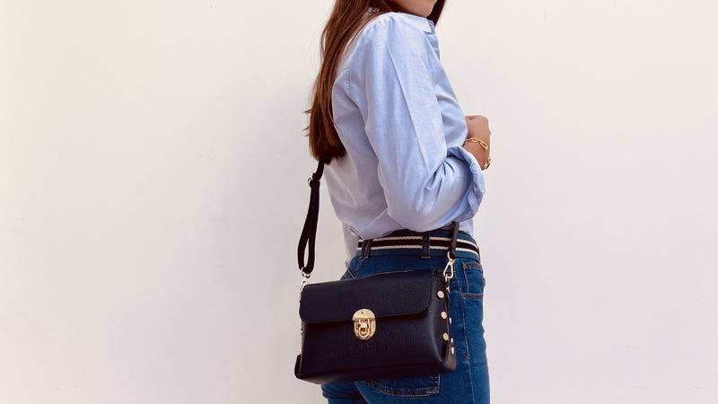 The Bloxsome Navy Leather Crossbody Bag & Canvas Strap – Apatchy London