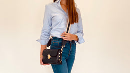 The Bloxsome Navy Leather Crossbody Bag With Navy & Gold Stripe Strap