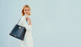 Denim Blue Leather Tote Bag With Rainbow Strap