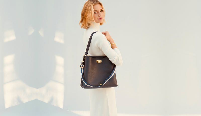 Black Leather Tote Bag With Green & Gold Camo Strap