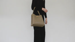 Navy Leather Tote Bag With Orange Camo Strap