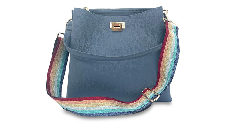apatchy denim blue leather tote bucket shoulder bag for women with rainbow strap