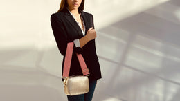 Gold Leather Crossbody Bag With Neon Pink Cross-Stitch Strap