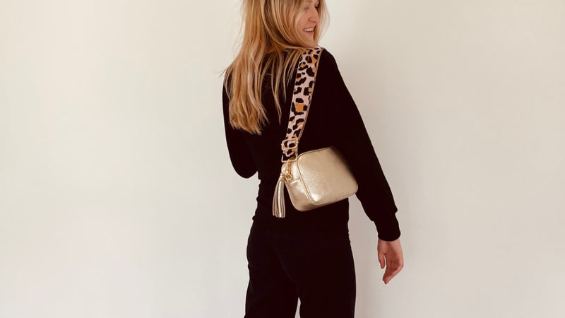 Gold Leather Crossbody Bag With Navy Leopard Strap