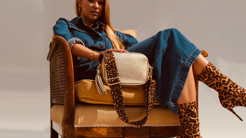 Gold Leather Crossbody Bag With Tan Cheetah Strap