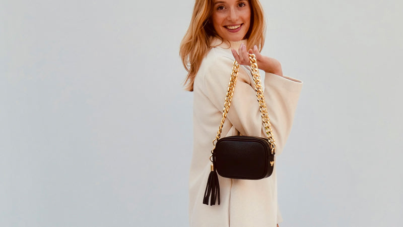 The Mini Tassel Black Leather Phone Bag With Black & Silver Chevron Strap