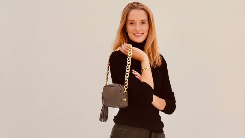 The Mini Tassel Dark Grey Leather Phone Bag With Gold Chain Strap