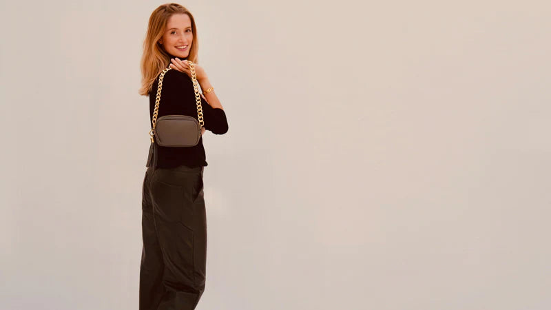 The Mini Tassel Dark Grey Leather Phone Bag With Grey Leopard Strap