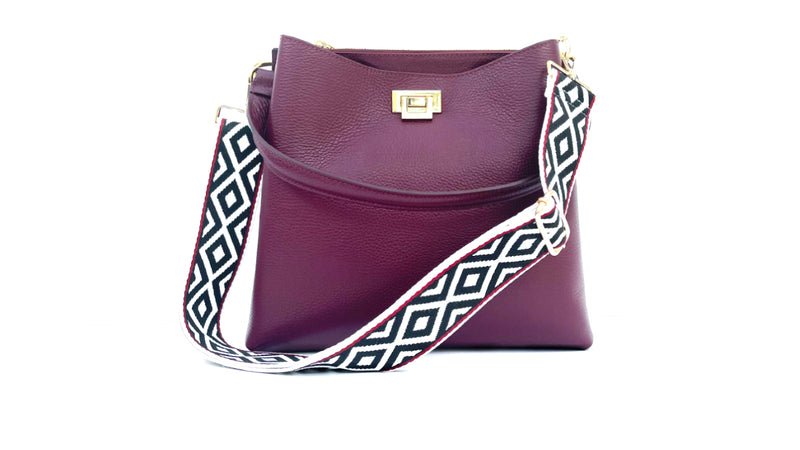 apatchy plum burgundy maroon red leather tote bucket shoulder bag for women with black and red aztec strap