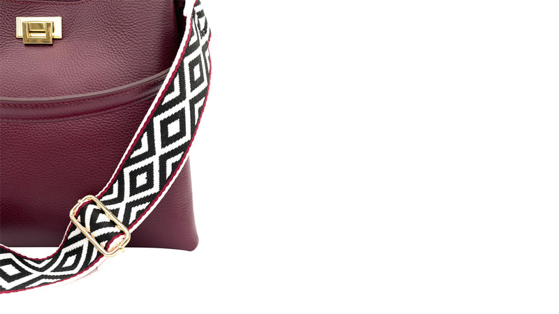 Plum Leather Tote Bag With Black & Red Aztec Strap