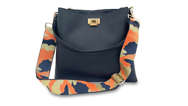 apatchy navy blue leather tote bucket shoulder bag for women with orange camo strap