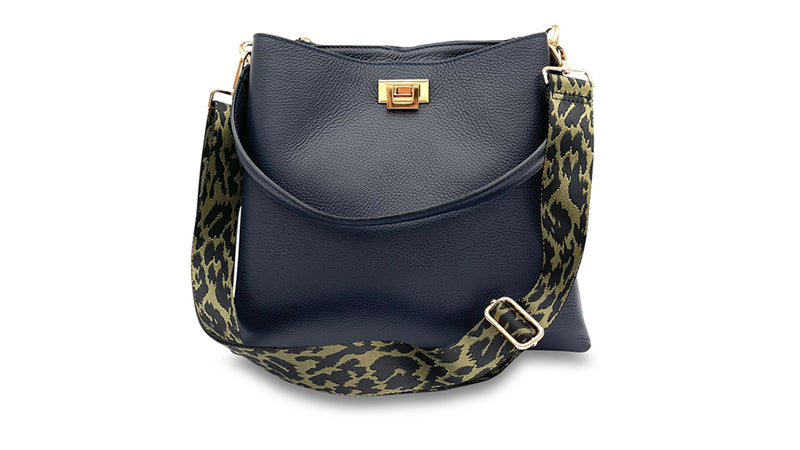 apatchy navy blue leather tote bucket shoulder bag for women with olive green cheetah strap