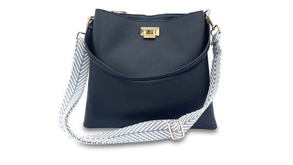 apatchy navy blue leather tote bucket shoulder bag for women with denim blue chevron strap