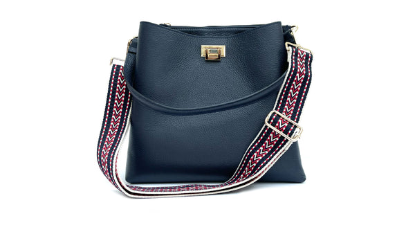 apatchy navy blue leather tote bucket shoulder bag for women with navy boho strap