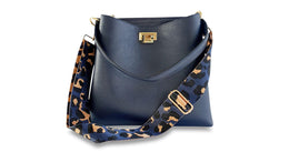 apatchy navy blue leather tote bucket shoulder bag for women with navy leopard strap