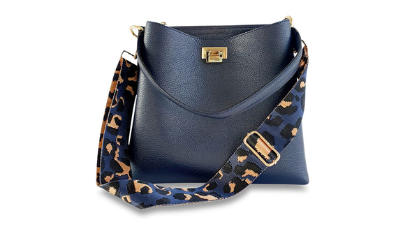 apatchy navy blue leather tote bucket shoulder bag for women with navy leopard strap
