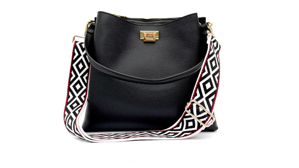 apatchy black leather tote bucket shoulder bag for women with black and red aztec strap
