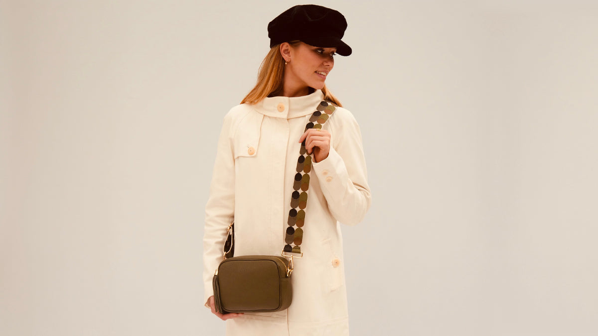 The Tassel Olive Green Leather Crossbody Bag With Khaki Pills Strap