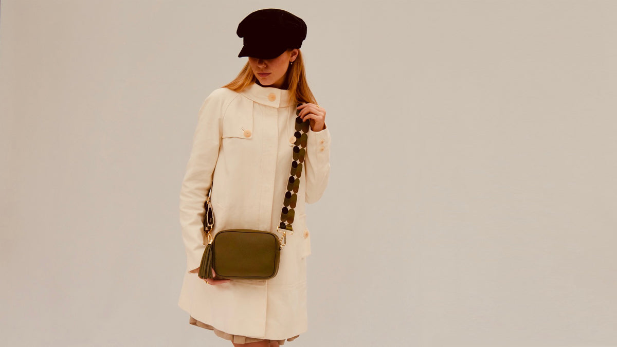 The Tassel Olive Green Leather Crossbody Bag With Khaki Pills Strap