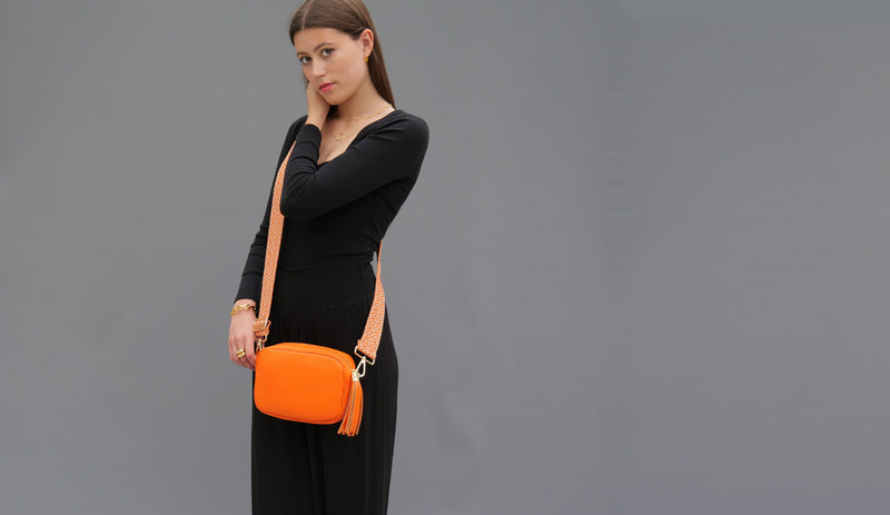Orange Leather Crossbody Bag With Rainbow Strap