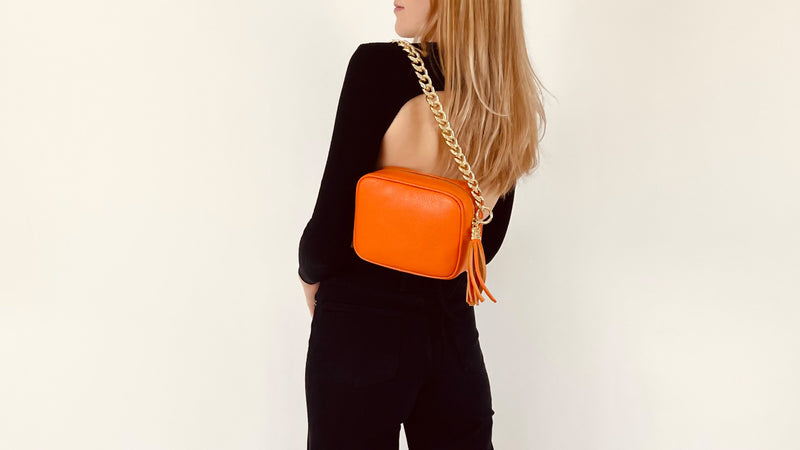 Orange Leather Crossbody Bag With Gold Chain Strap