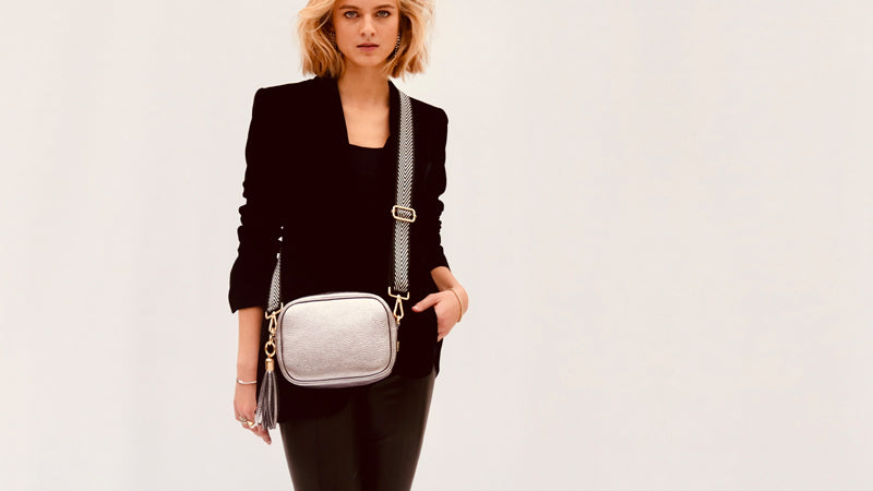 The Tassel Pewter Leather Crossbody Bag With Black & Silver Chevron Strap